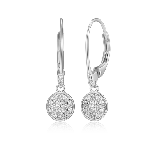 Round Pave Leverback Earrings in Rhodium Plated Sterling Silver