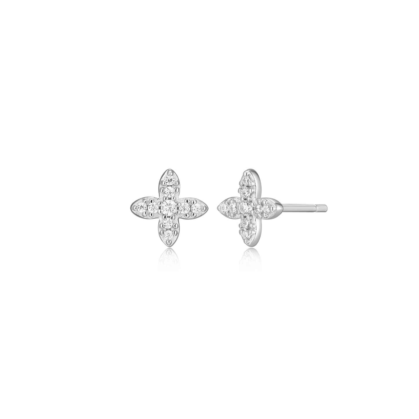 Four Leaf Flower Stud Earrings in Rhodium Plated Sterling Silver