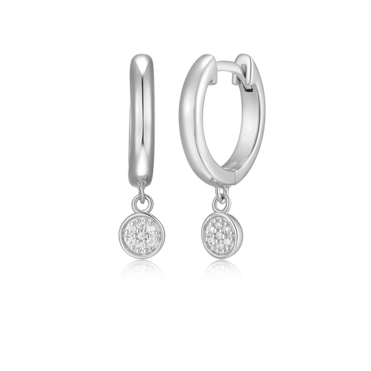 Round Drop Huggie Earring in Rhodium Plated Sterling Silver