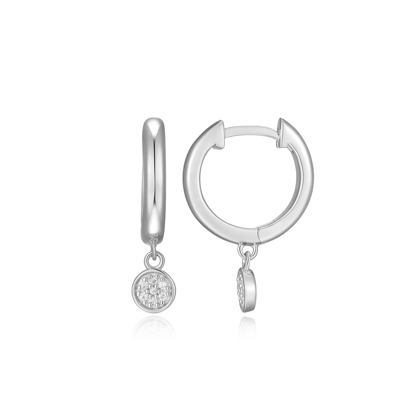 Round Drop Huggie Earring in Rhodium Plated Sterling Silver