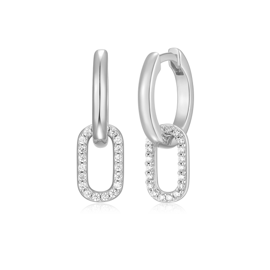 Oval Drop Huggie Earrings in Rhodium Plated Sterling Silver