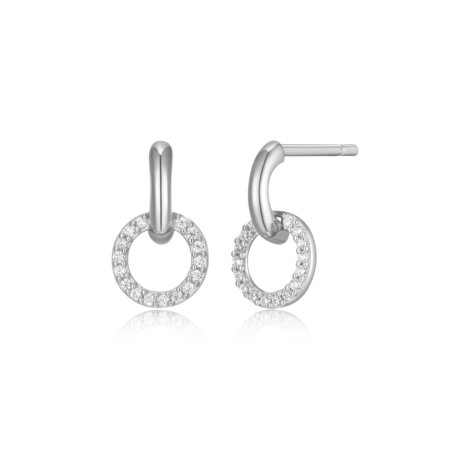 Circle Drop Stud Earrings in Rhodium Plated Sterling Silver