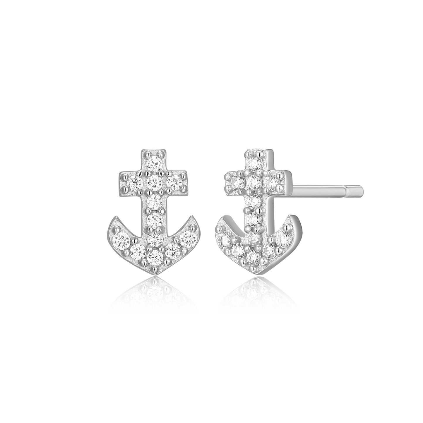 Anchor Pave Stud Earrings in Rhodium Plated Sterling Silver