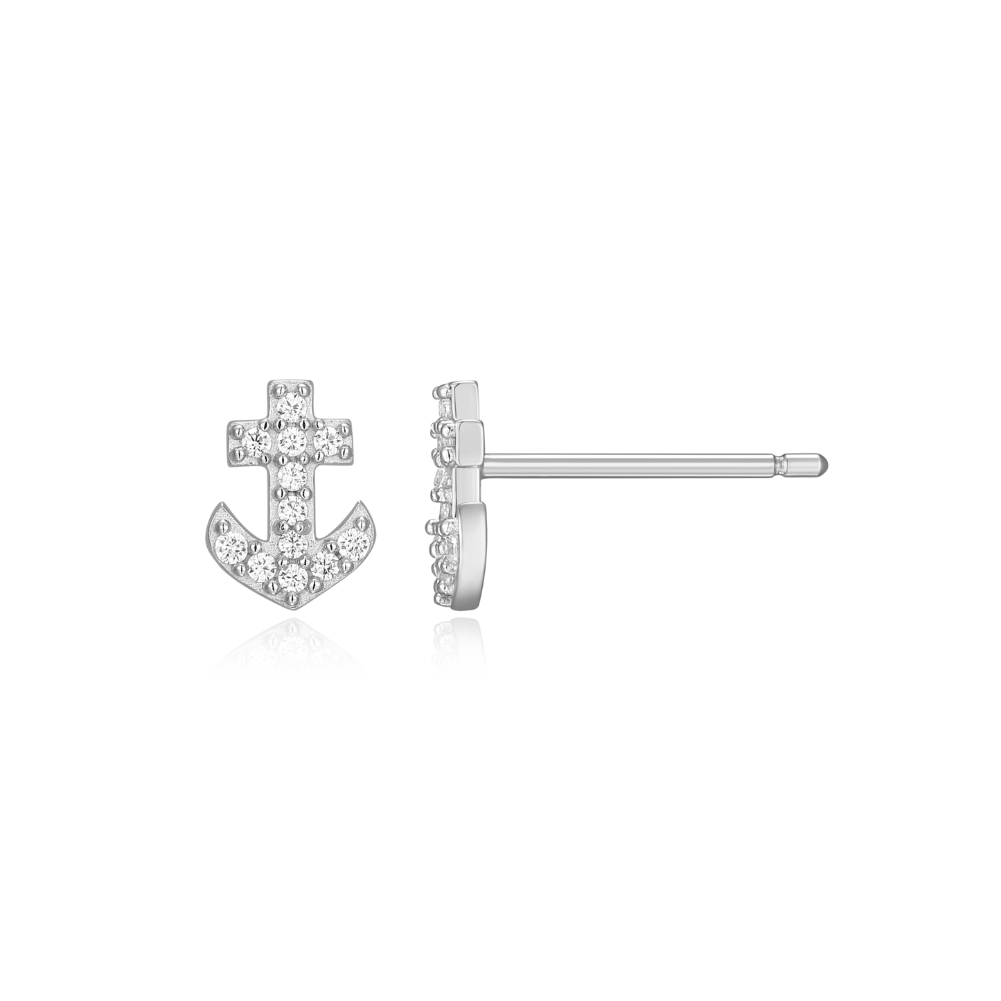 Anchor Pave Stud Earrings in Rhodium Plated Sterling Silver