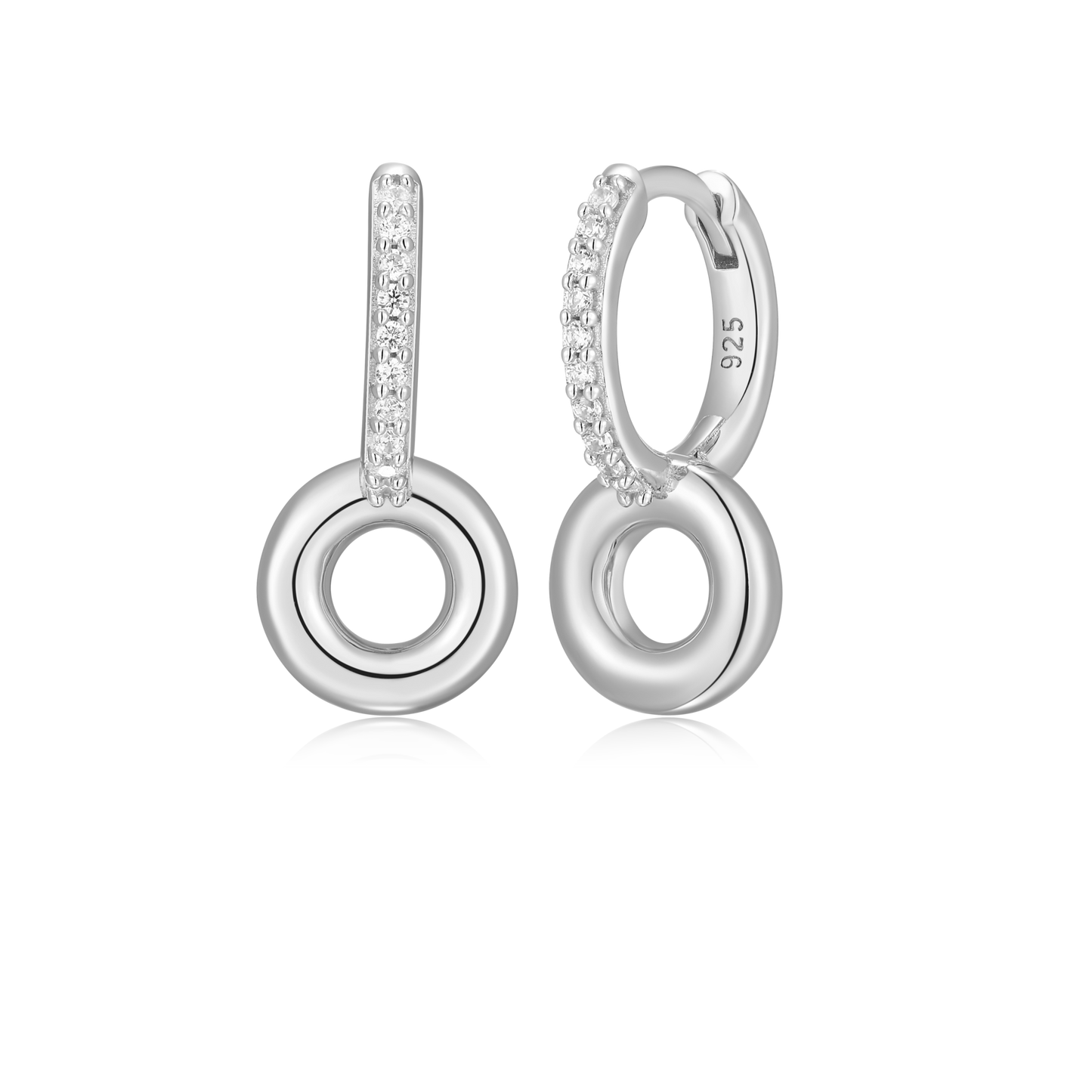 Donut Drop Huggie Earrings in Rhodium Plated Sterling Silver