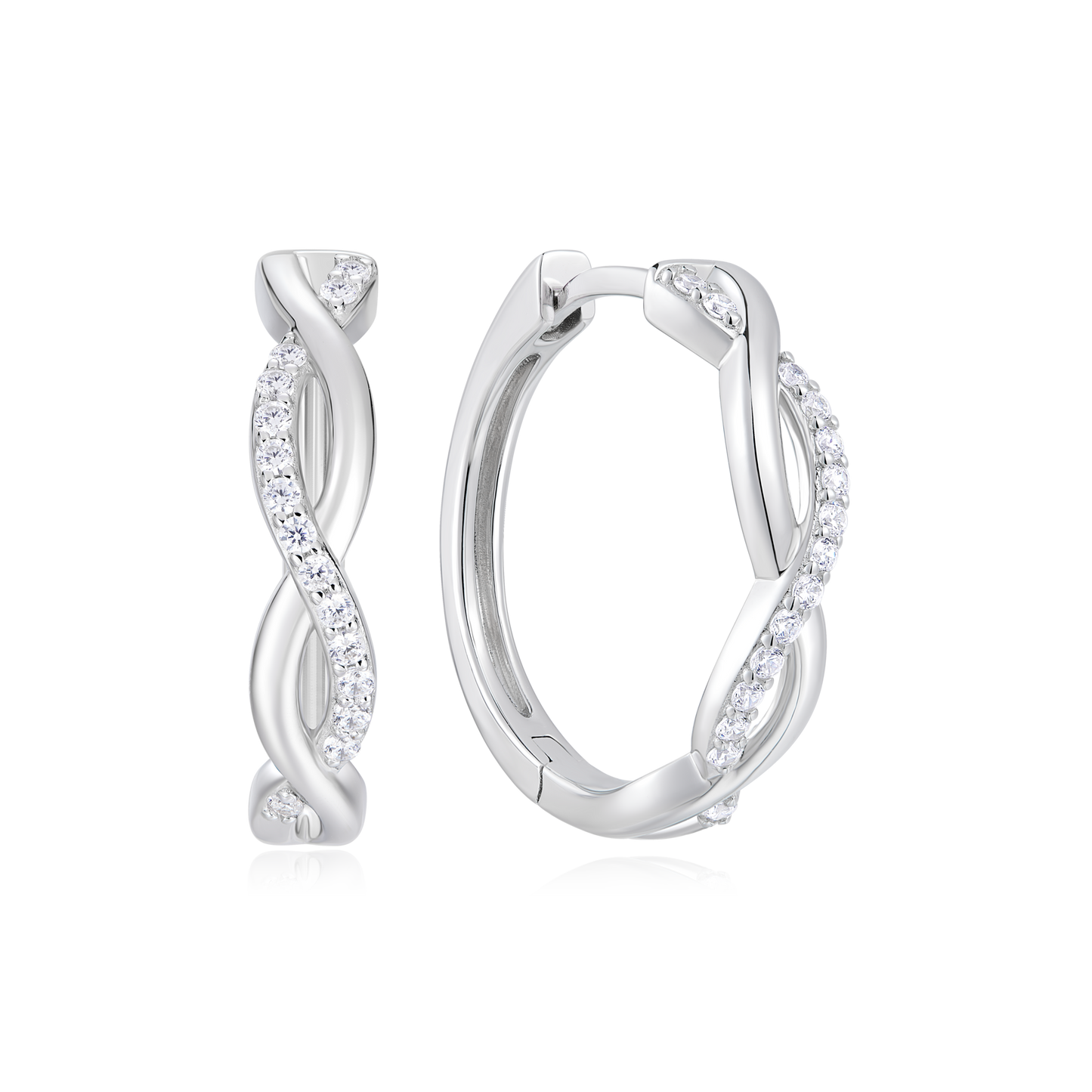 Half Pave Twist Hoop Earrings in Rhodium Plated Sterling Silver