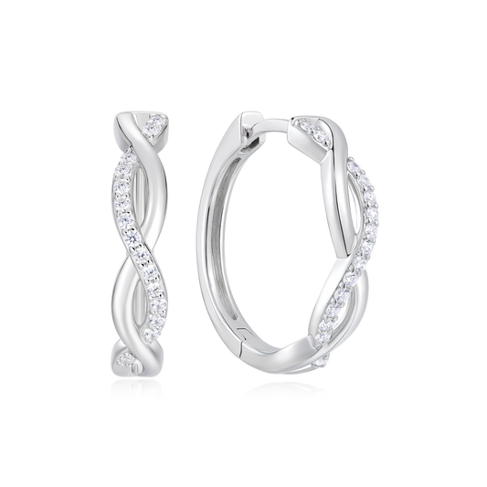 Half Pave Twist Hoop Earrings in Rhodium Plated Sterling Silver