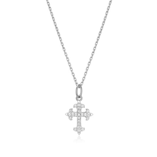 Flory Cross Pendant Necklace in Rhodium Plated Sterling Silver