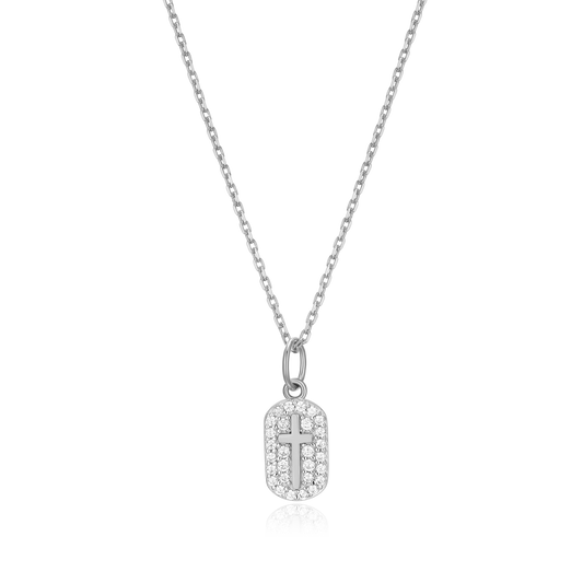 Cross Tag Pendant Necklace in Rhodium Plated Sterling Silver