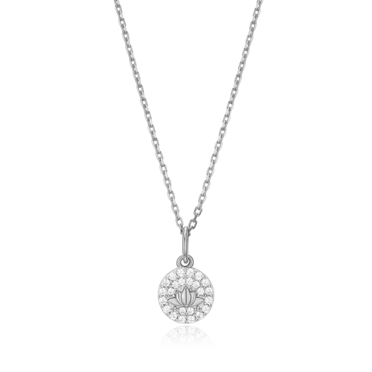 Lotus Tag Pendant Necklace in Rhodium Plated Sterling Silver