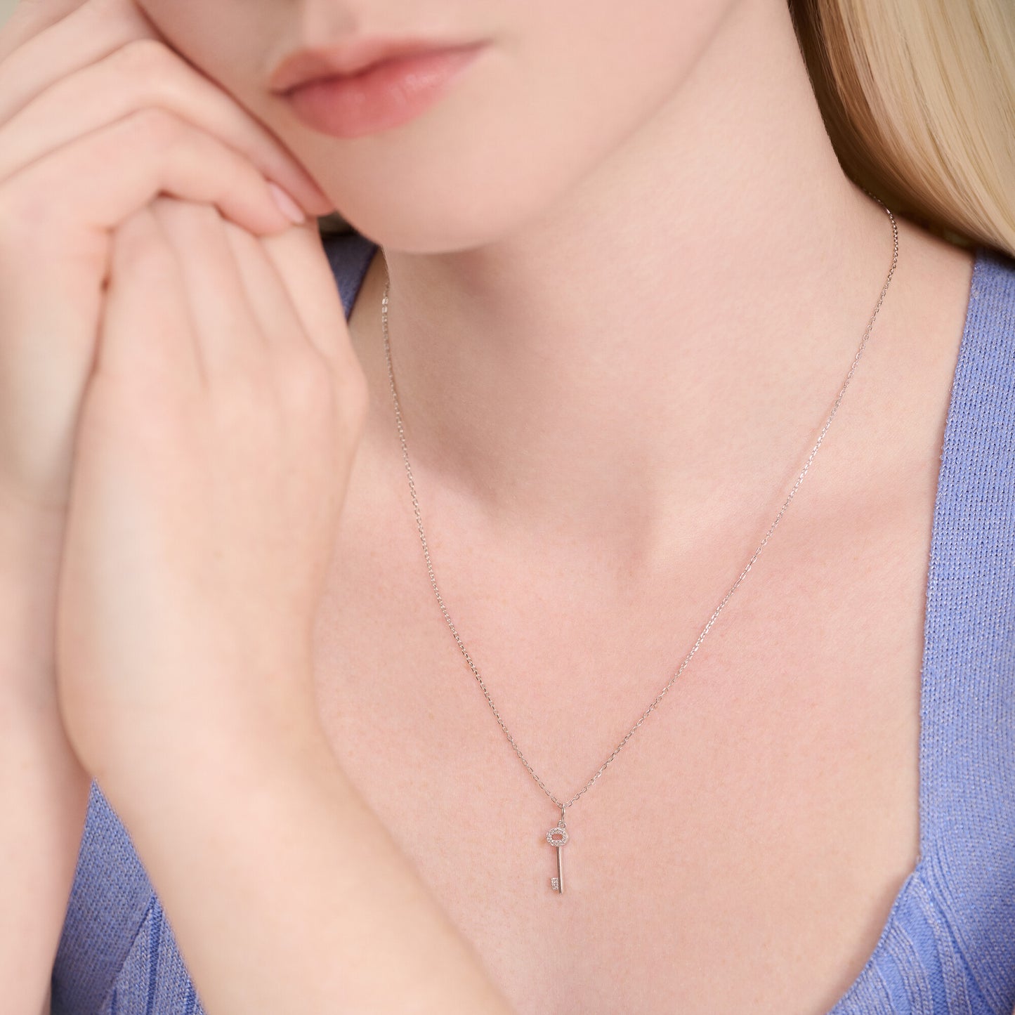 Skeleton Key Pendant Necklace in Rhodium Plated Sterling Silver