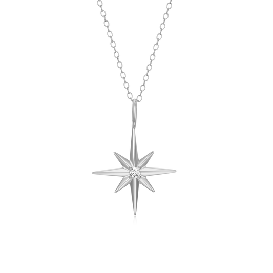 North Star Pendant Necklace in Rhodium Plated Sterling Silver