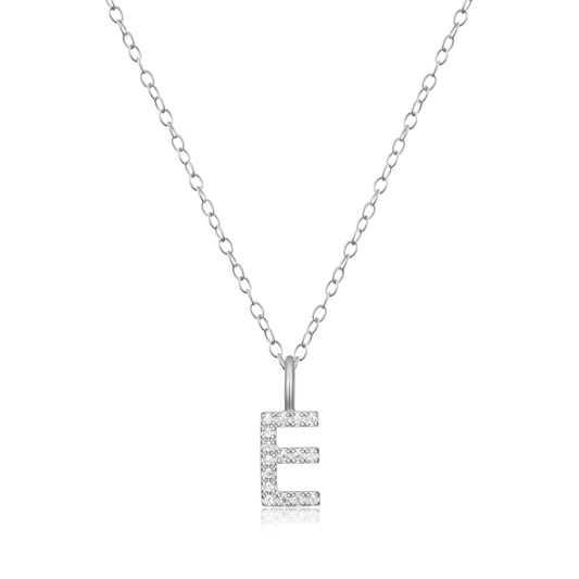 "E" Initial Pendant Necklace in Rhodium Plated Sterling Silver