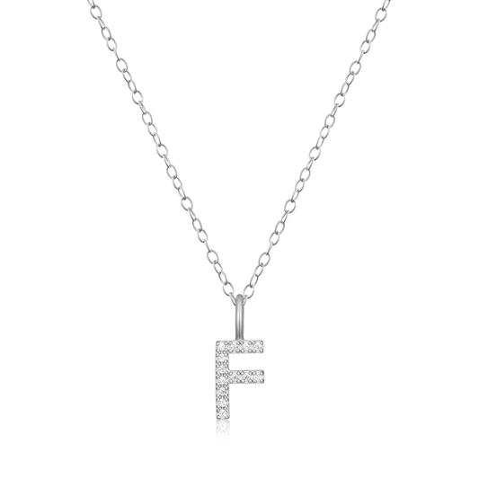 "F" Initial Pendant Necklace in Rhodium Plated Sterling Silver