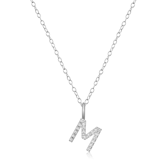 "M" Initial Pendant Necklace in Rhodium Plated Sterling Silver