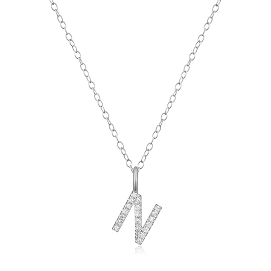 "N" Initial Pendant Necklace in Rhodium Plated Sterling Silver