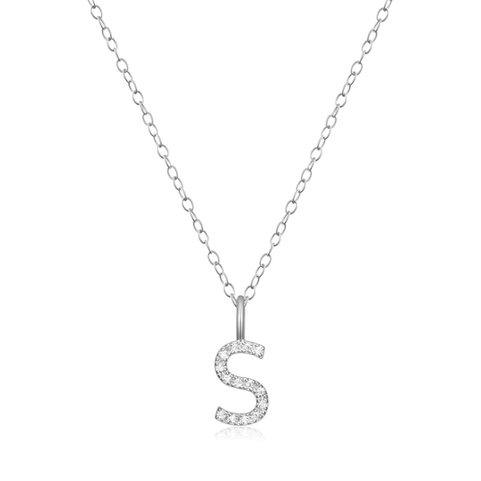 "S" Initial Pendant Necklace in Rhodium Plated Sterling Silver