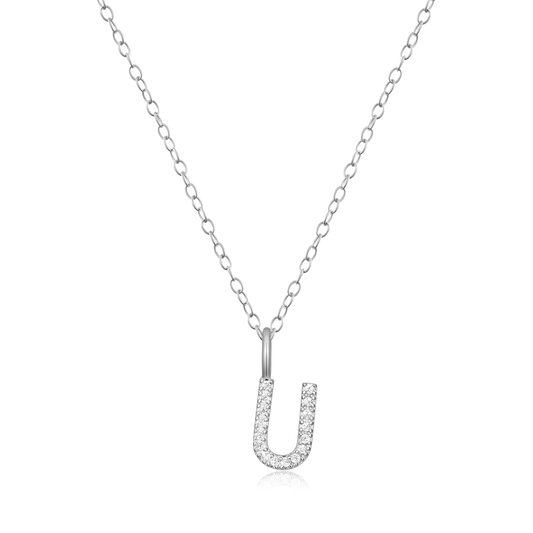 "U" Initial Pendant Necklace in Rhodium Plated Sterling Silver