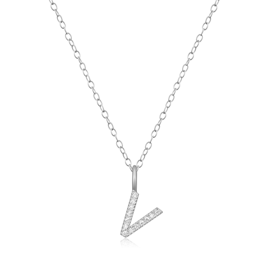 "V" Initial Pendant Necklace in Rhodium Plated Sterling Silver