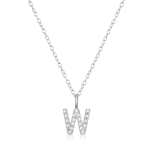 "W" Initial Pendant Necklace in Rhodium Plated Sterling Silver