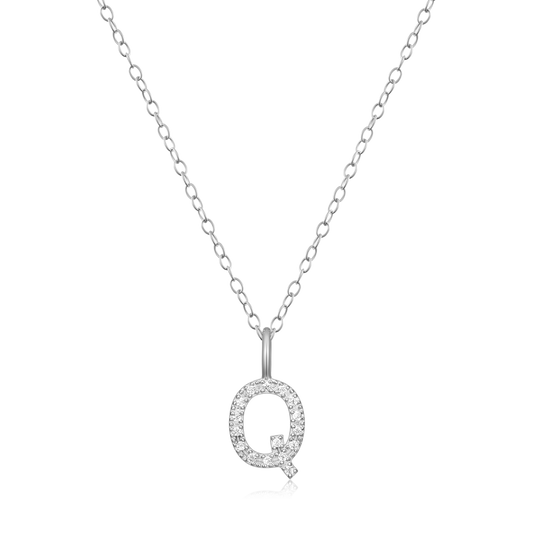 "Q" Initial Pendant Necklace in Rhodium Plated Sterling Silver