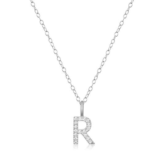 "R" Initial Pendant Necklace in Rhodium Plated Sterling Silver