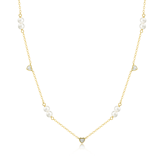 Hearts and Pearls Station Necklace in 14K Yellow Gold Plated Sterling Silver