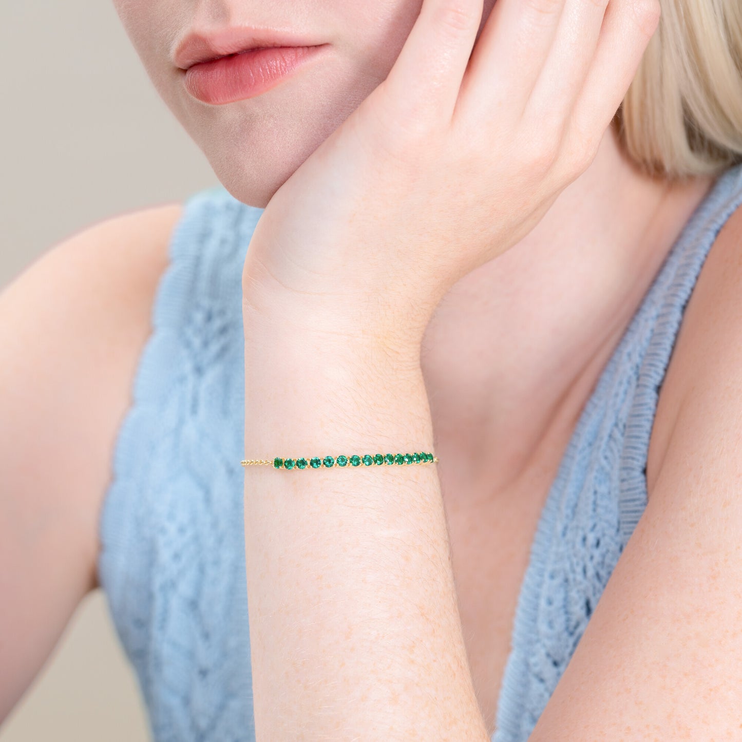 Created Emerald Line Bolo Bracelet in 14k Yellow Gold Plated Sterling Silver