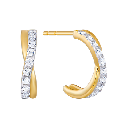 Cross Over J-Hoop Stud Earrings in 14k Yellow Gold Plated Sterling Silver | M by Monte Luna