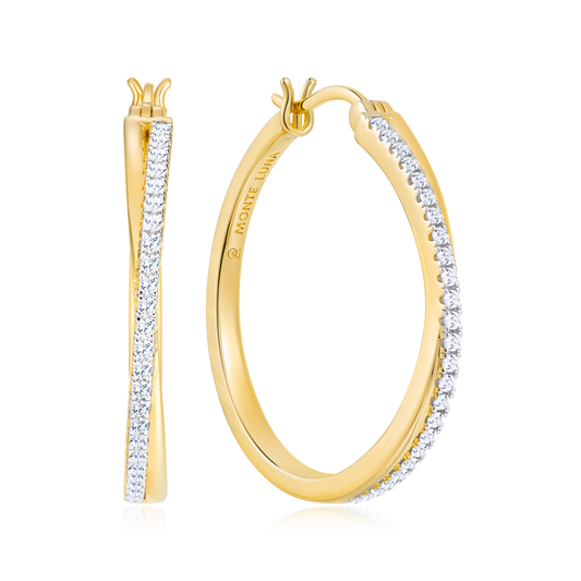 Large Half Pave Twist Hoop Earrings in 14k Yellow Gold Plated Sterling Silver