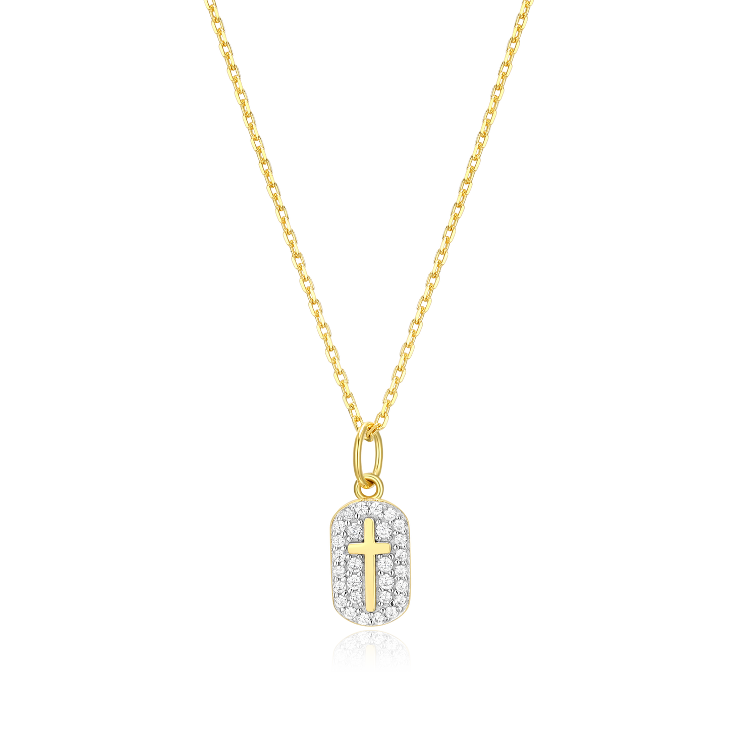 Cross Tag Pendant Necklace in 14k Yellow Gold Plated Sterling Silver