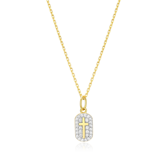 Cross Tag Pendant Necklace in 14k Yellow Gold Plated Sterling Silver